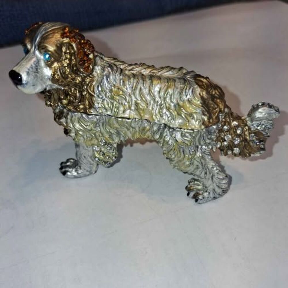 Cute Gold Silver Jeweled Dog Trinket Box